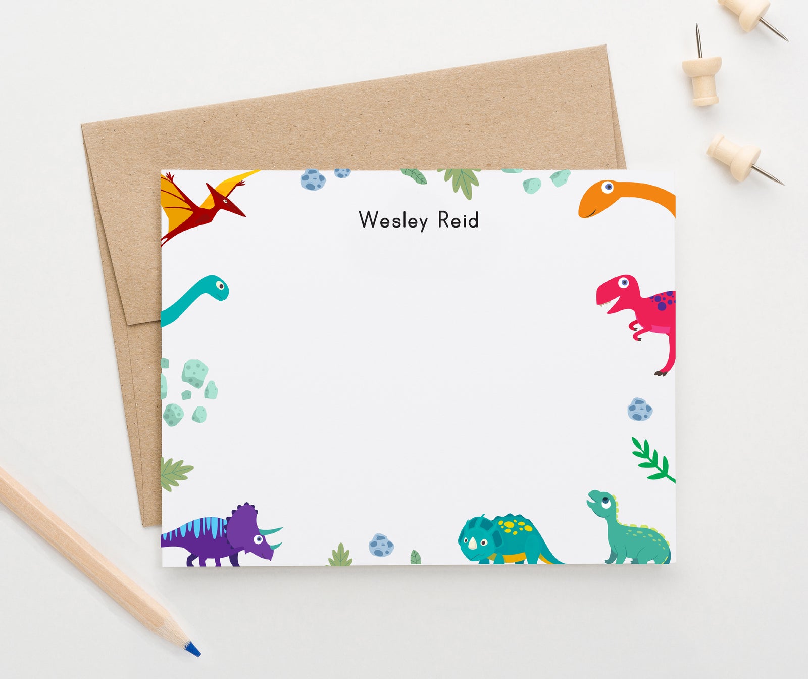 KS215 Personalized Stationery Set with Dinosaurs dino thank you animal note card