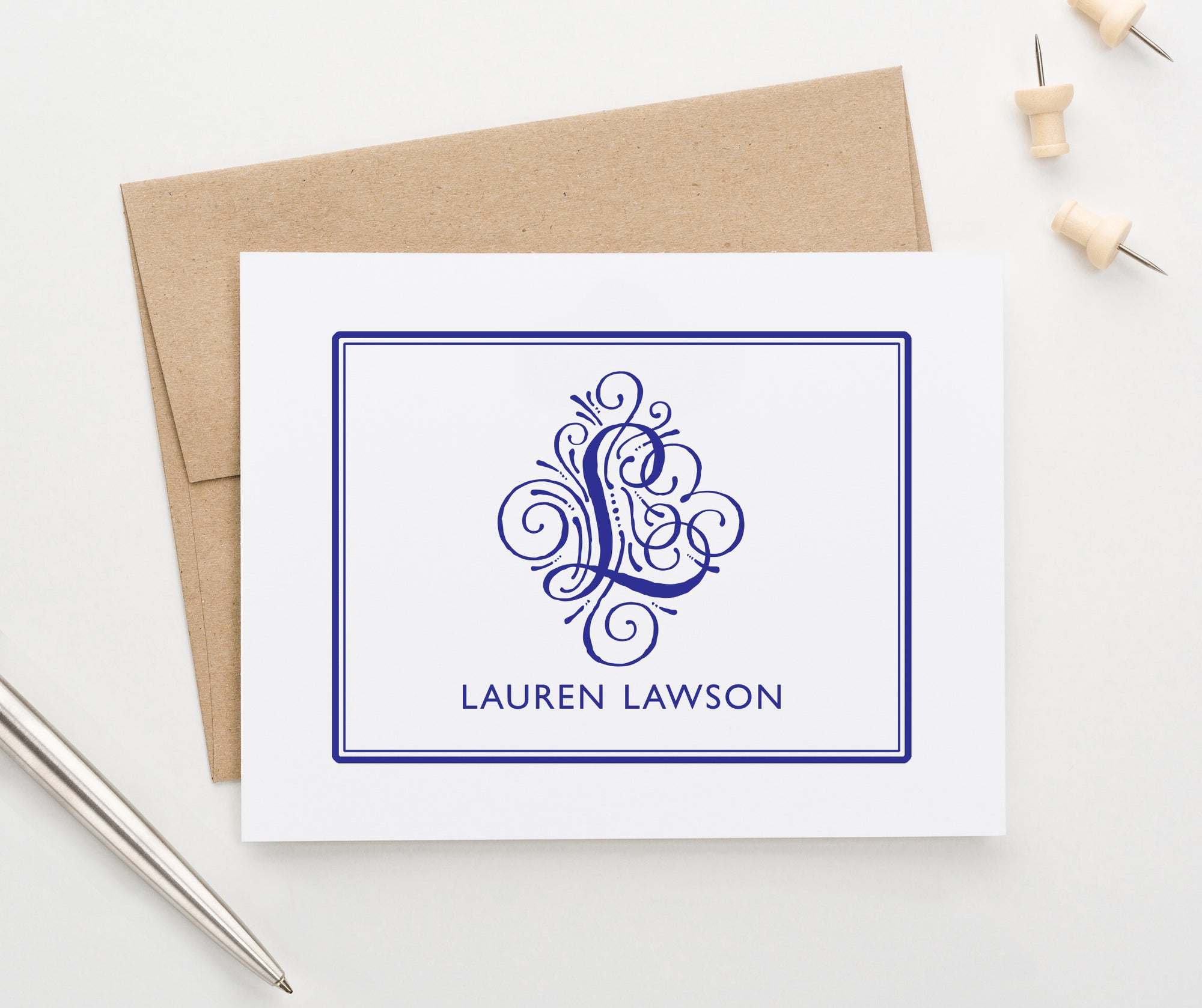 MS004 personalized folded 1 initial and name monogrammed stationary border elegant modern classic 