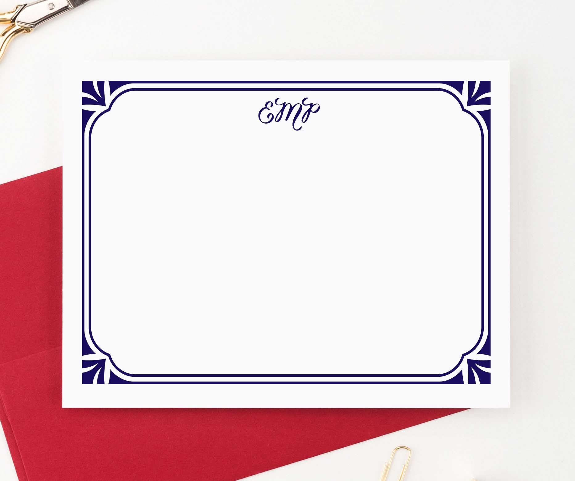 MS015 personalized elegant border monogram note cards for women men flat stationary classic.