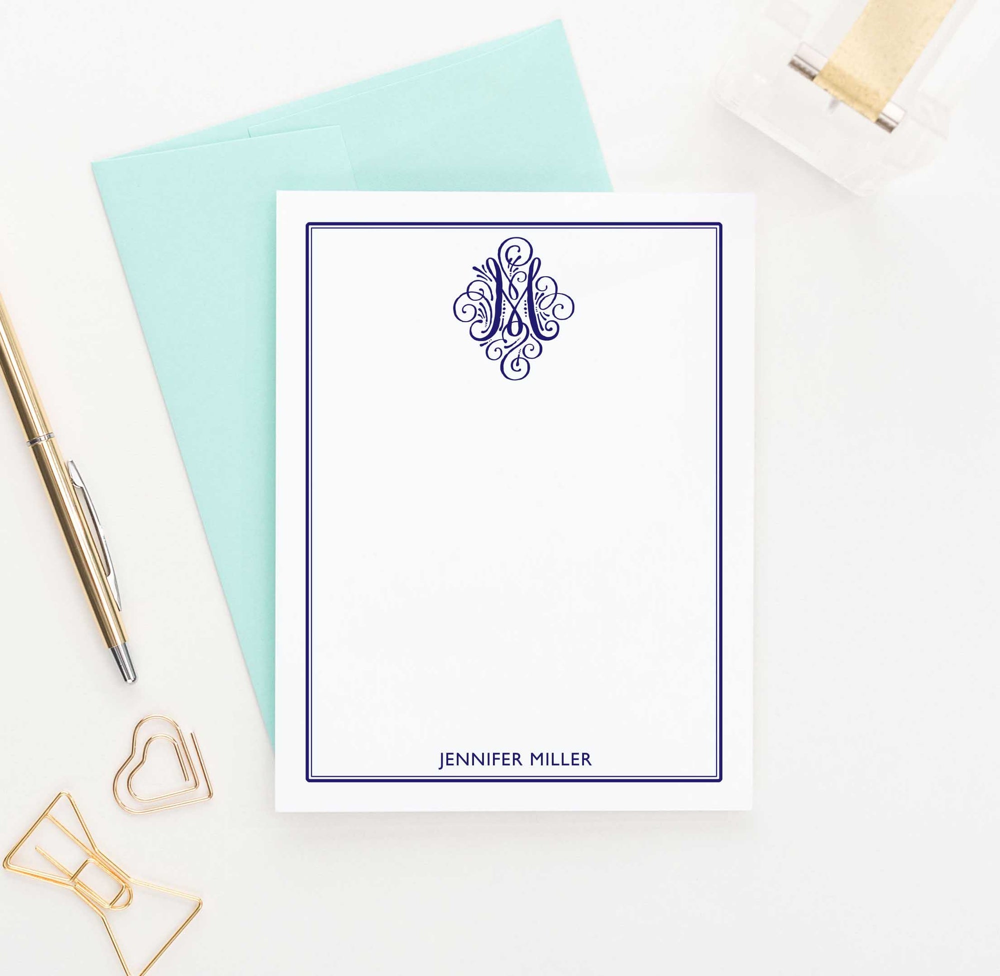 MS023 personalized 1 initial monogram stationery with border women men notecard