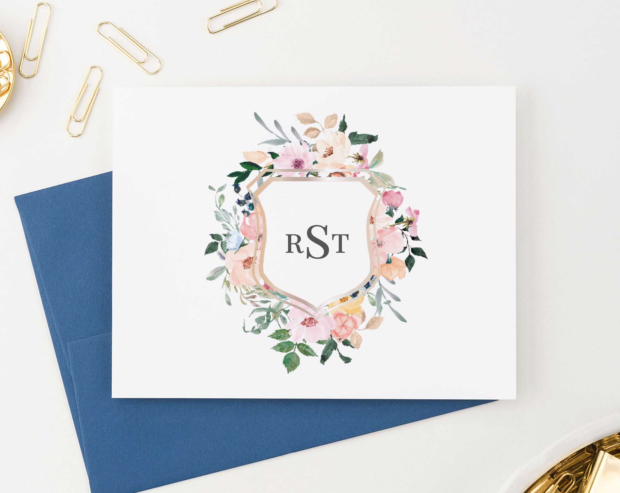 MS028 personalized elegant floral monogrammed stationary for women folded notecards 3 letter.
