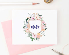 MS028 personalized elegant floral monogrammed stationary for women folded notecards 3 letter.