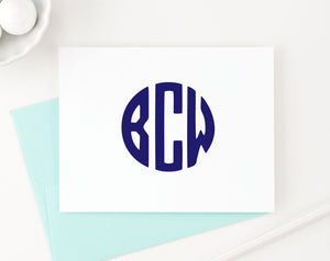 MS032 personalized folded 3 letter cirlcle monogram note cards for adults women men simple