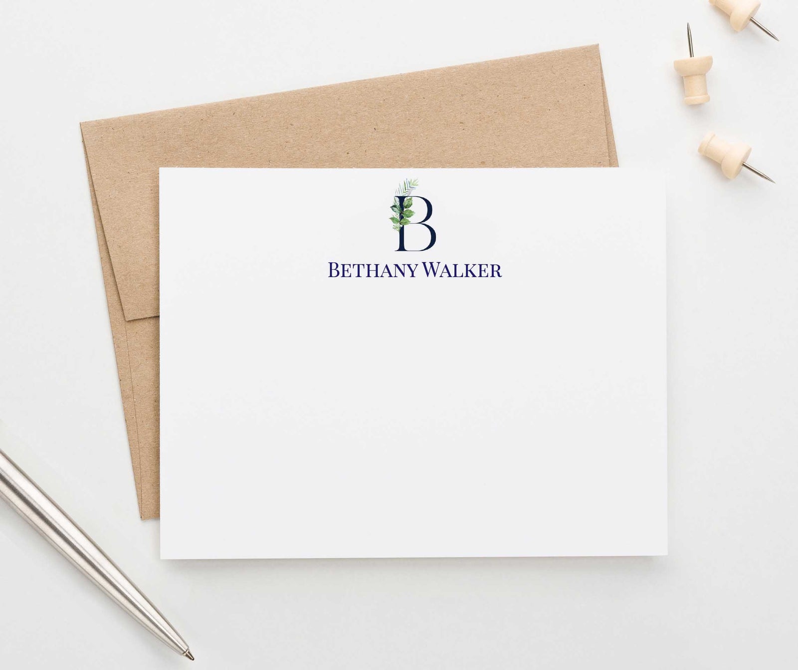 MS041 personalized greenery 1 initial note cards for women men elegant monogram