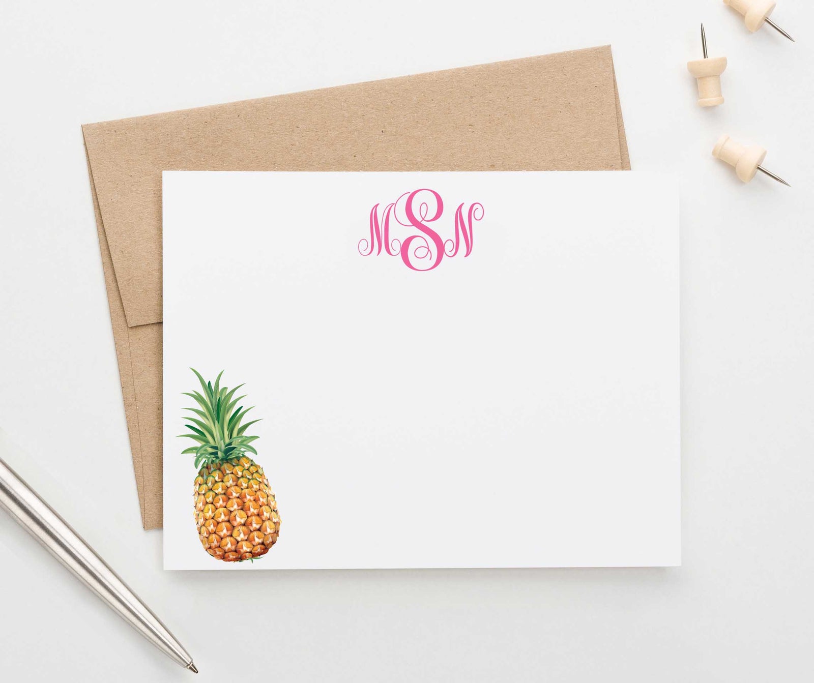 MS043 personalized pineapple 3 letter monogrammed stationary set women monogram fruit 2