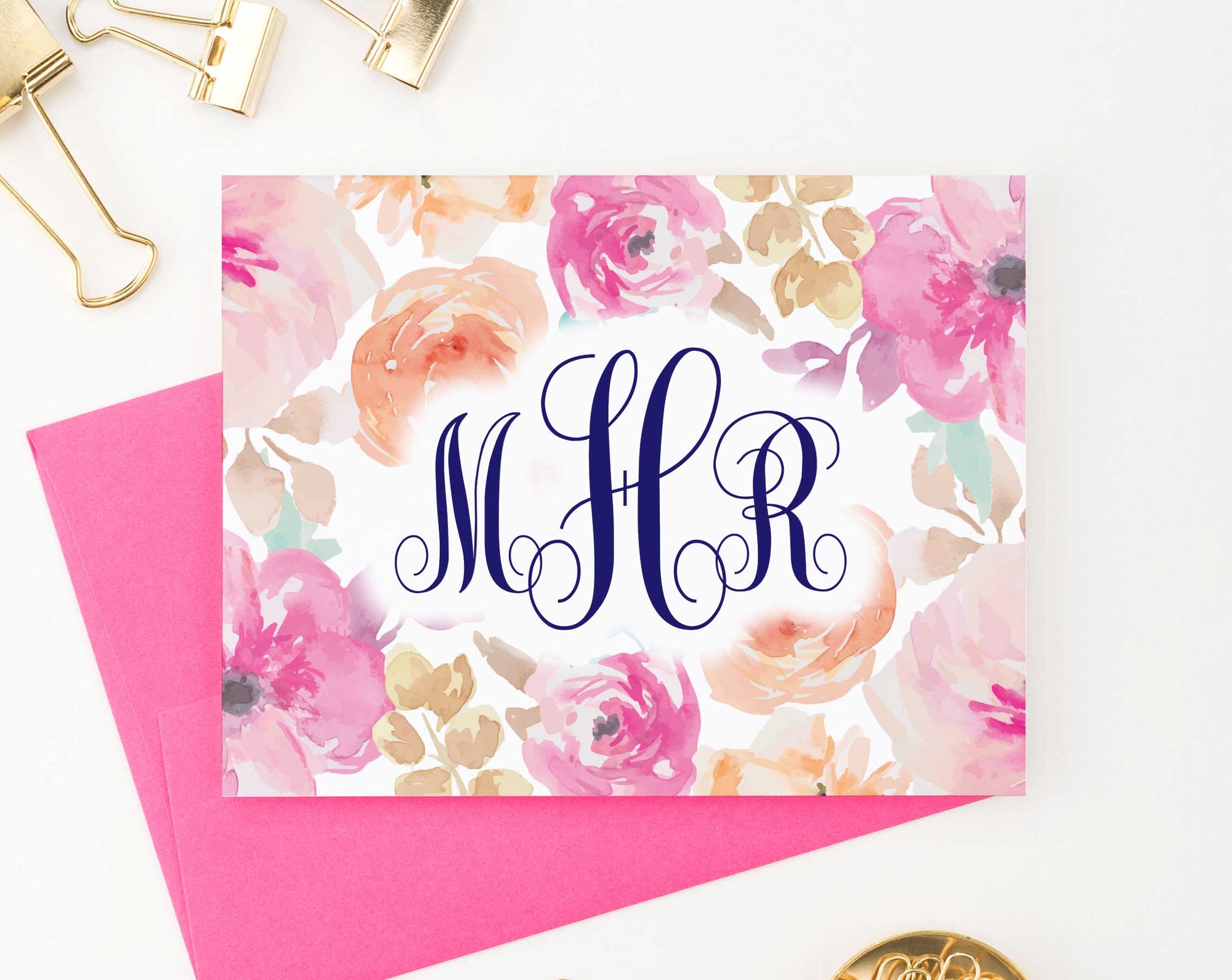 MS046 personalized pink floral monogram note cards for women watercolor elegant modern folded 2