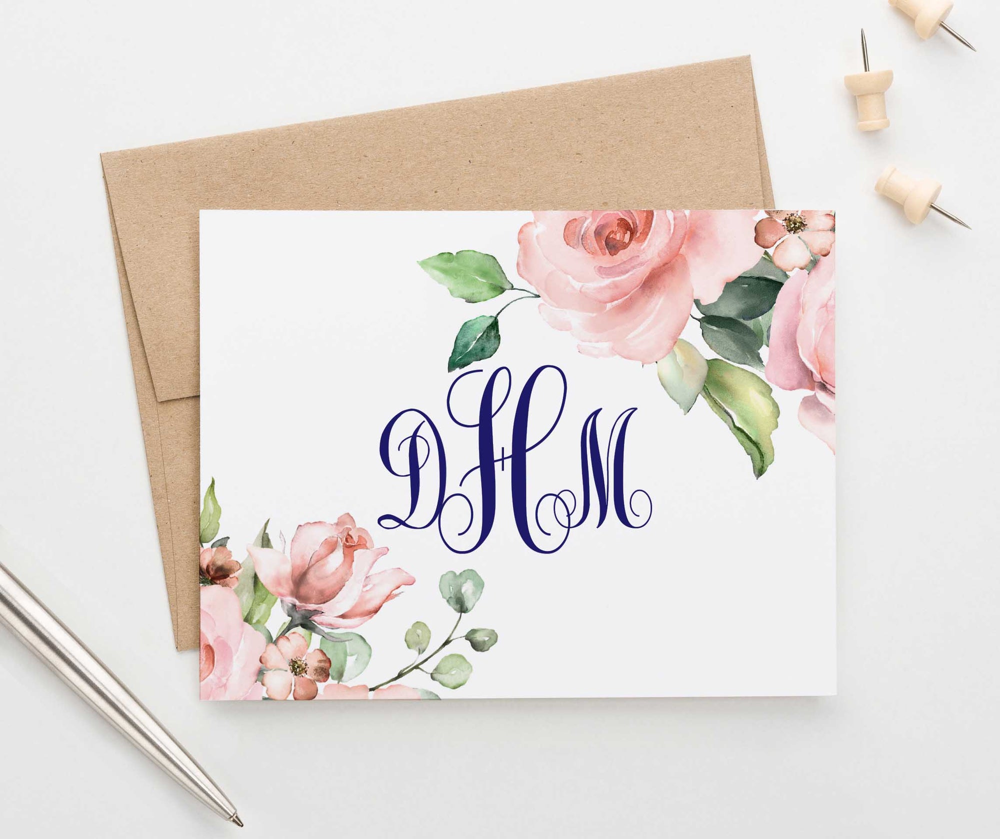 MS048 personalized floral corners monogram stationery set women elegant folded note card 3