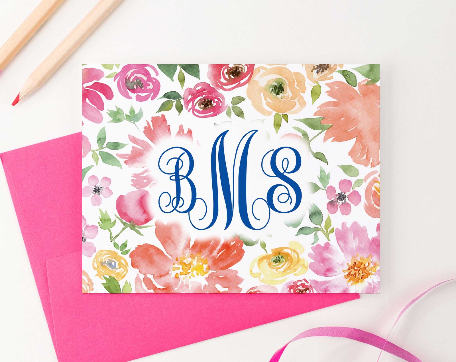 MS049 personalized watercolor floral 3 letter onogrammed notecards set script font women folded 2