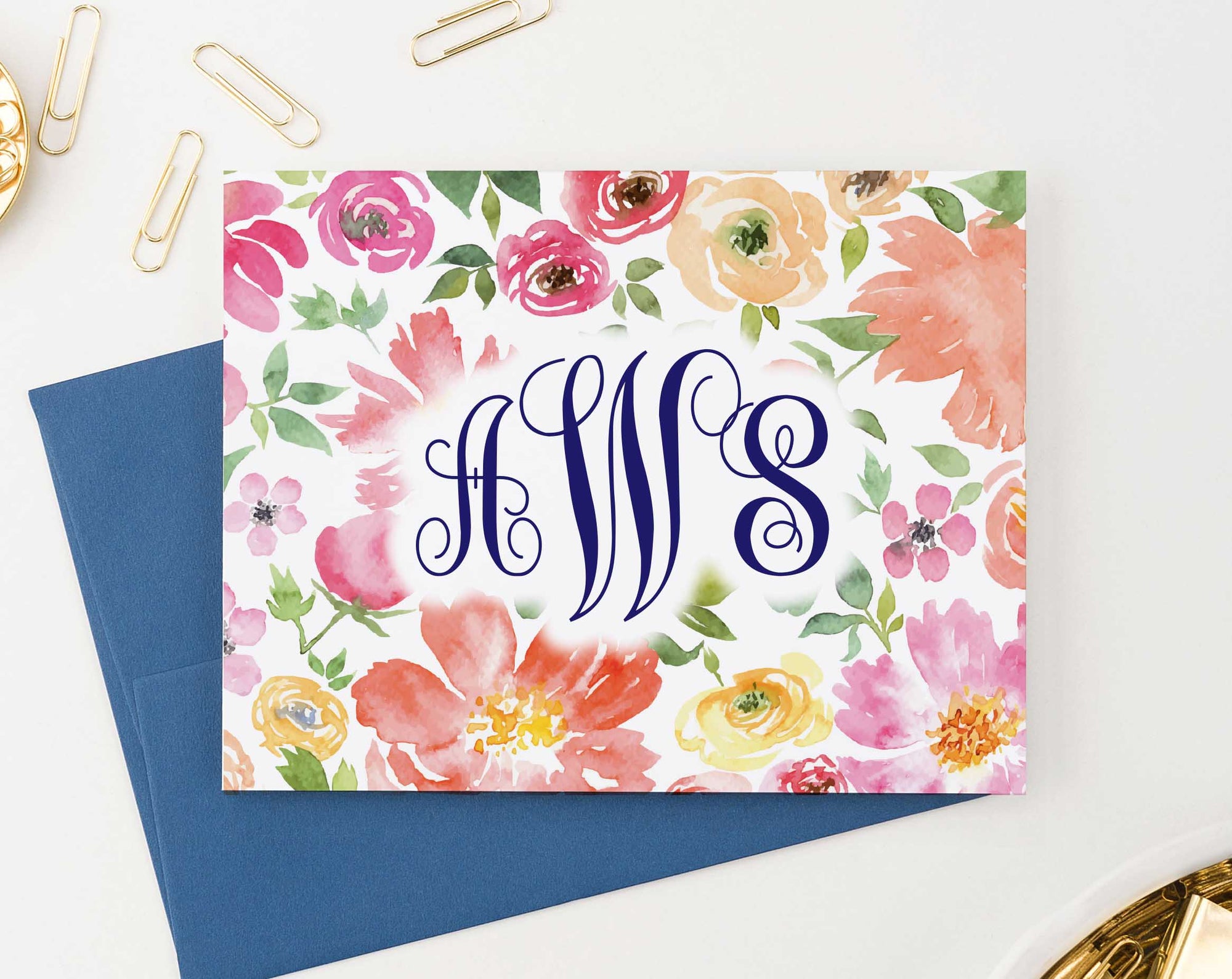MS049 personalized watercolor floral 3 letter onogrammed notecards set script font women folded 2