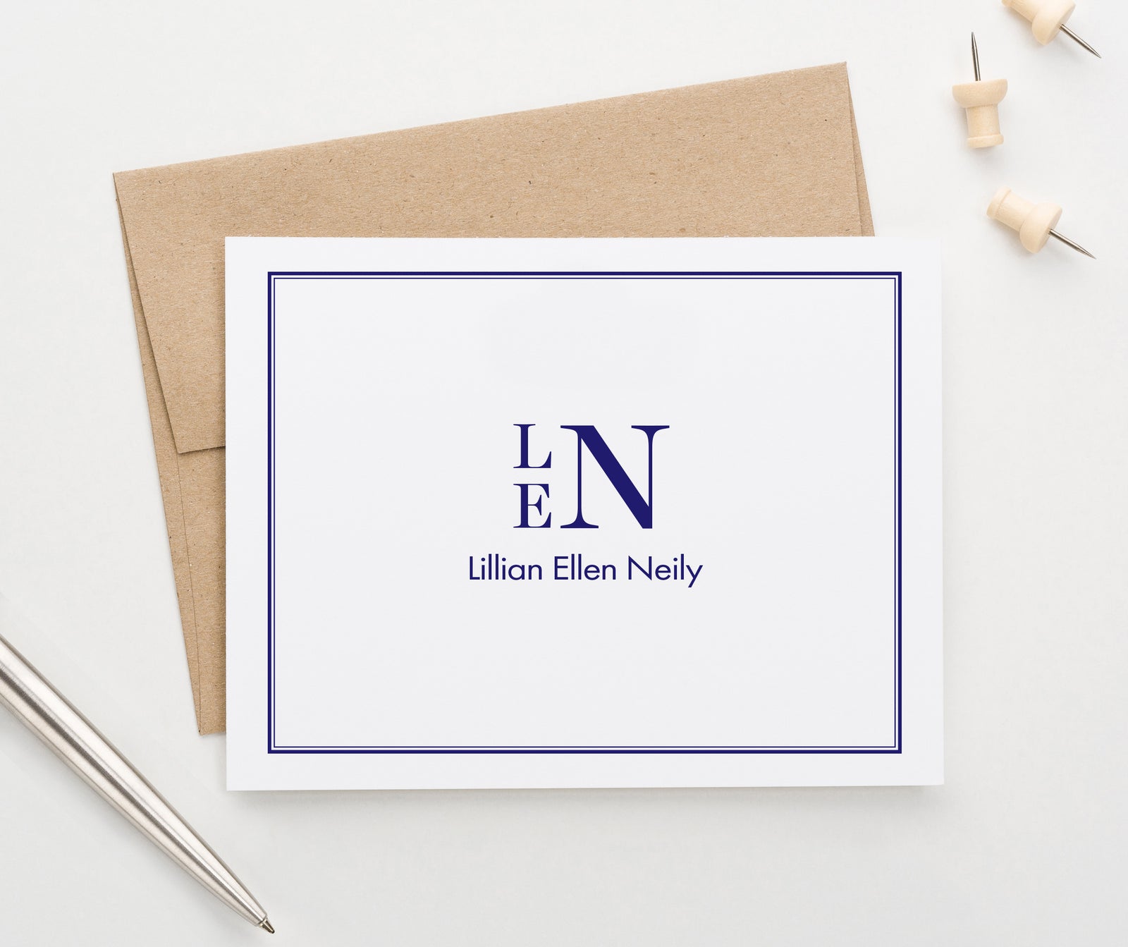 MS053 folded 3 letter monogrammed bordered stationary with name men women professional classic 