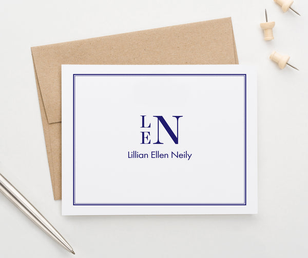 Folded 3 Letter Monogrammed Bordered Stationary with Name Modern Pink Paper