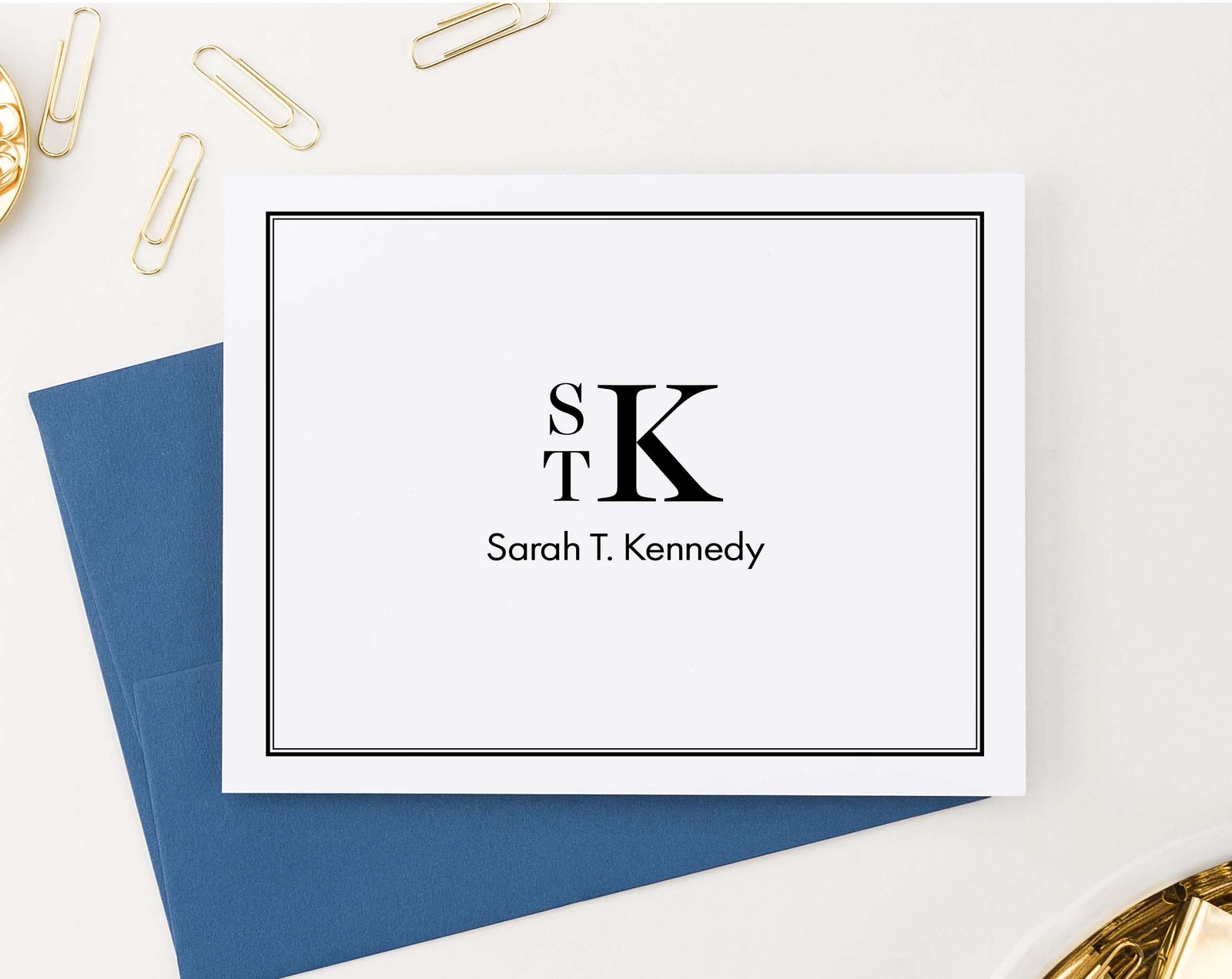 MS053 folded 3 letter monogrammed bordered stationary with name men women professional classic 