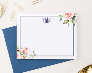 MS055 personalized corner floral script monogrammed notecards with border elegant professional
