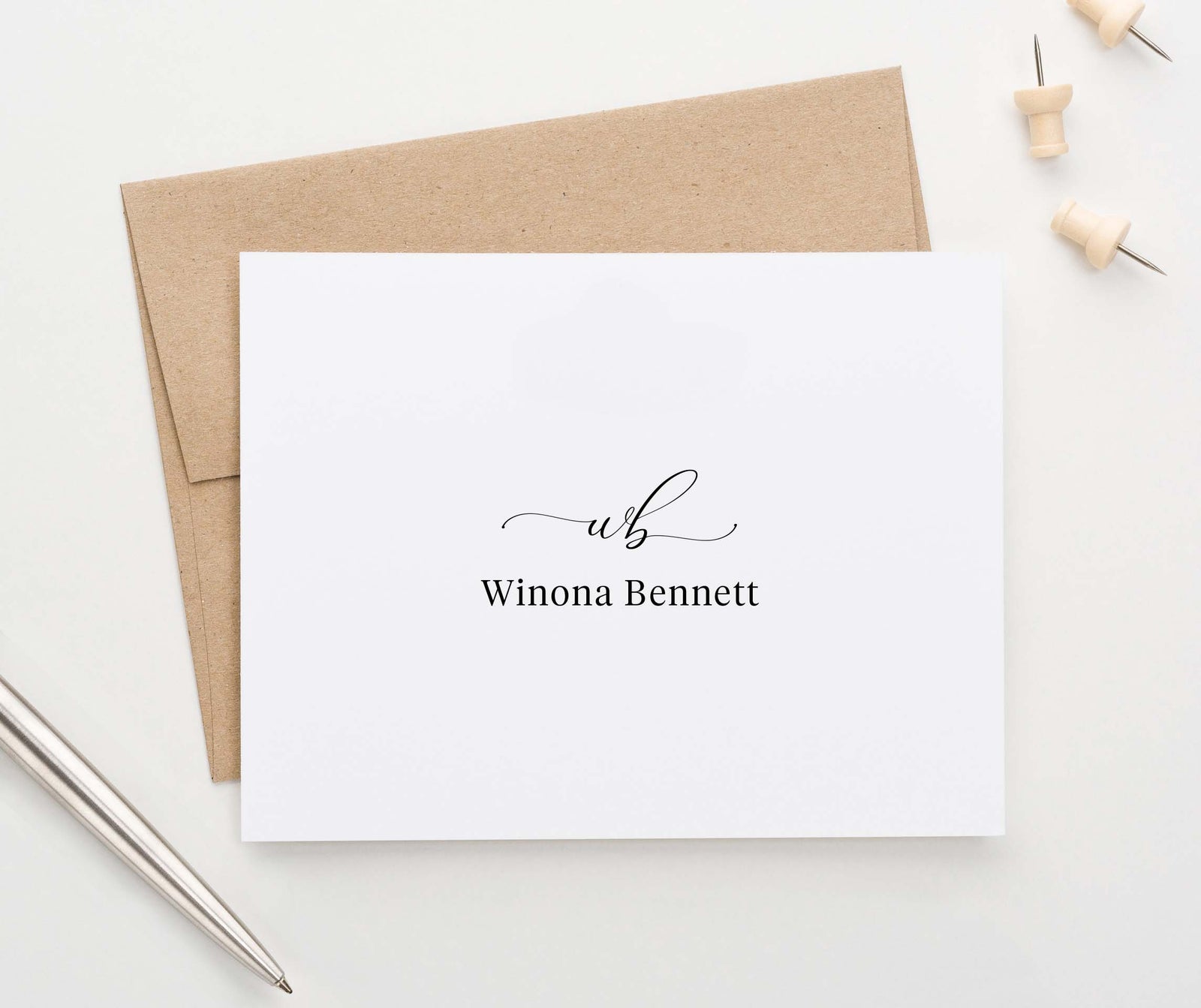 MS061 elegant folded 2 initial and name monogrammed stationary personalized script block font