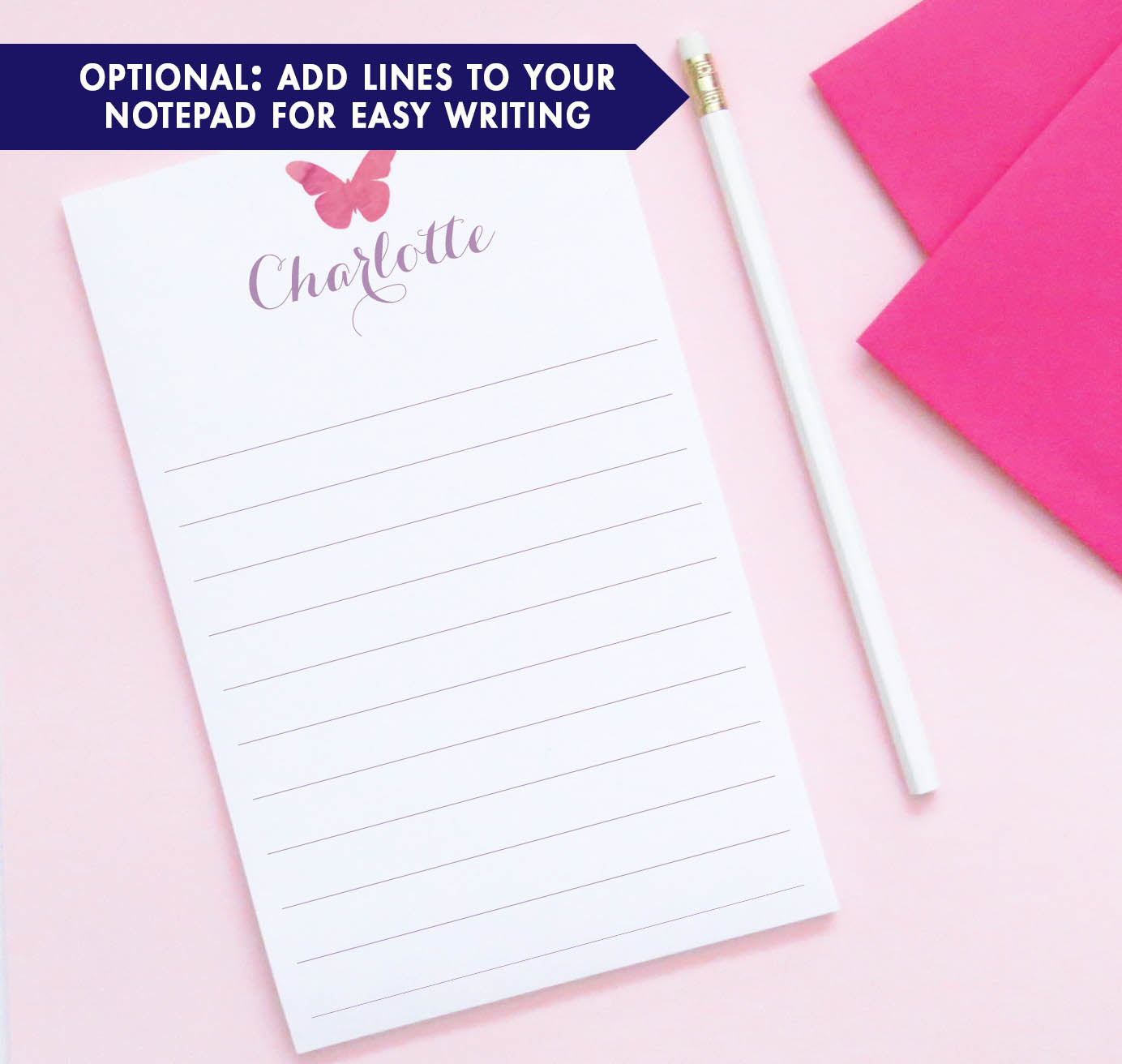 NP070 watercolor butterfly personalized note pad for girls script letter writing