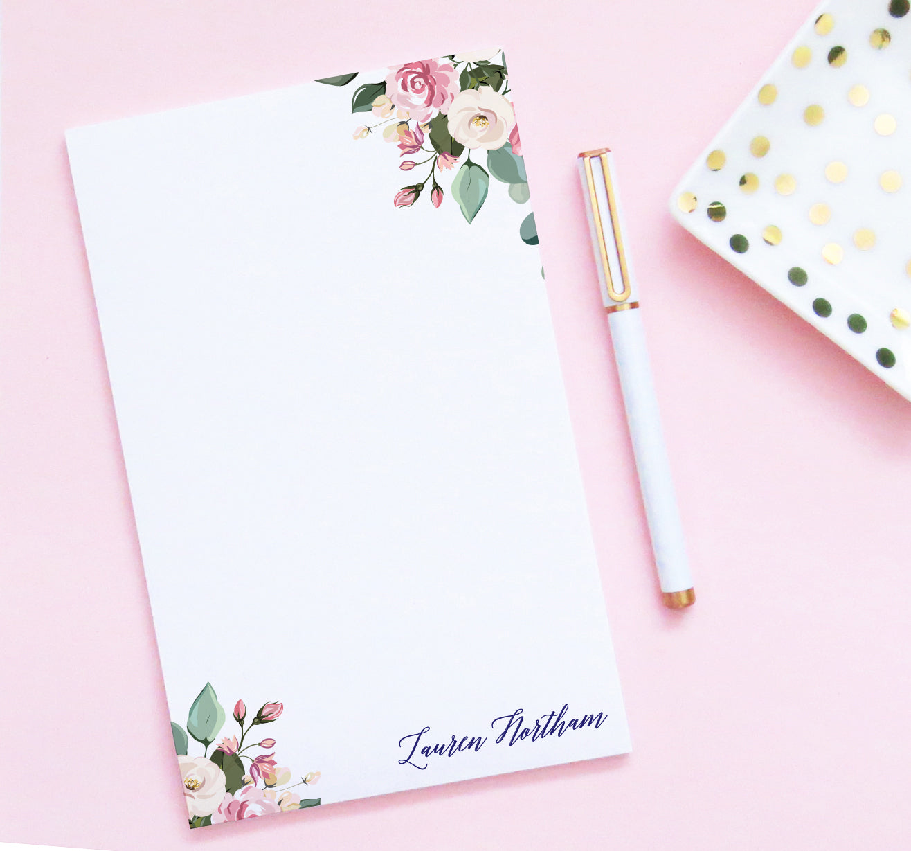 NP129 modern floral personalized notepad set florals flower script