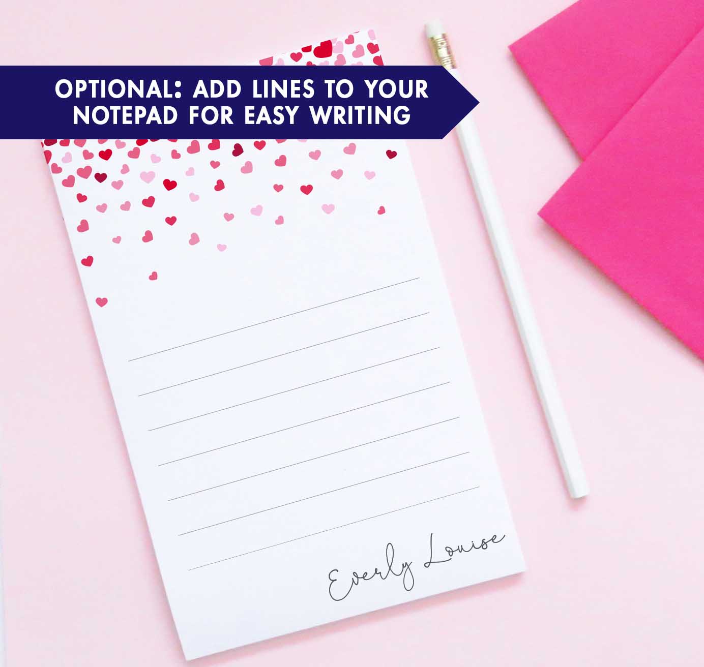 NP135 hearts personalized stationery notepad for girls hear red script