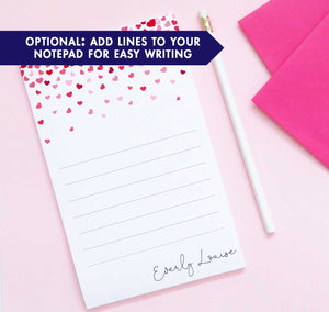 NP135 hearts personalized stationery notepad for girls hear red script lined