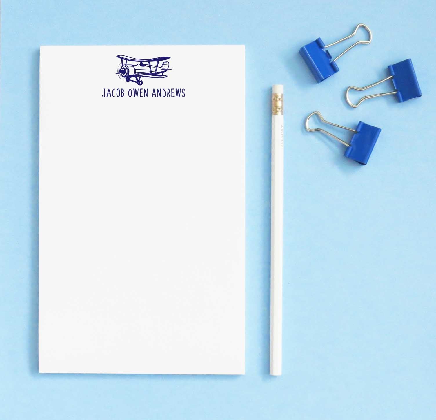 NP141 personalized kids notepad with vintage airplane jet block font
