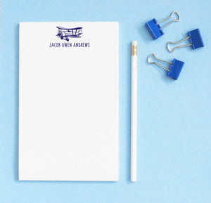 NP141 personalized kids notepad with vintage airplane jet block font