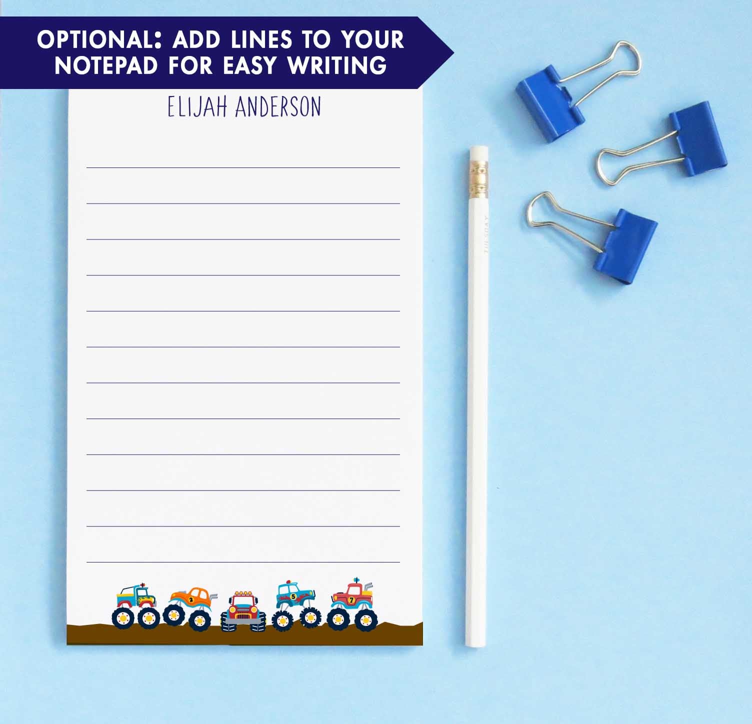 NP149 personalized monster truck notepads for kids trucks automobile boys