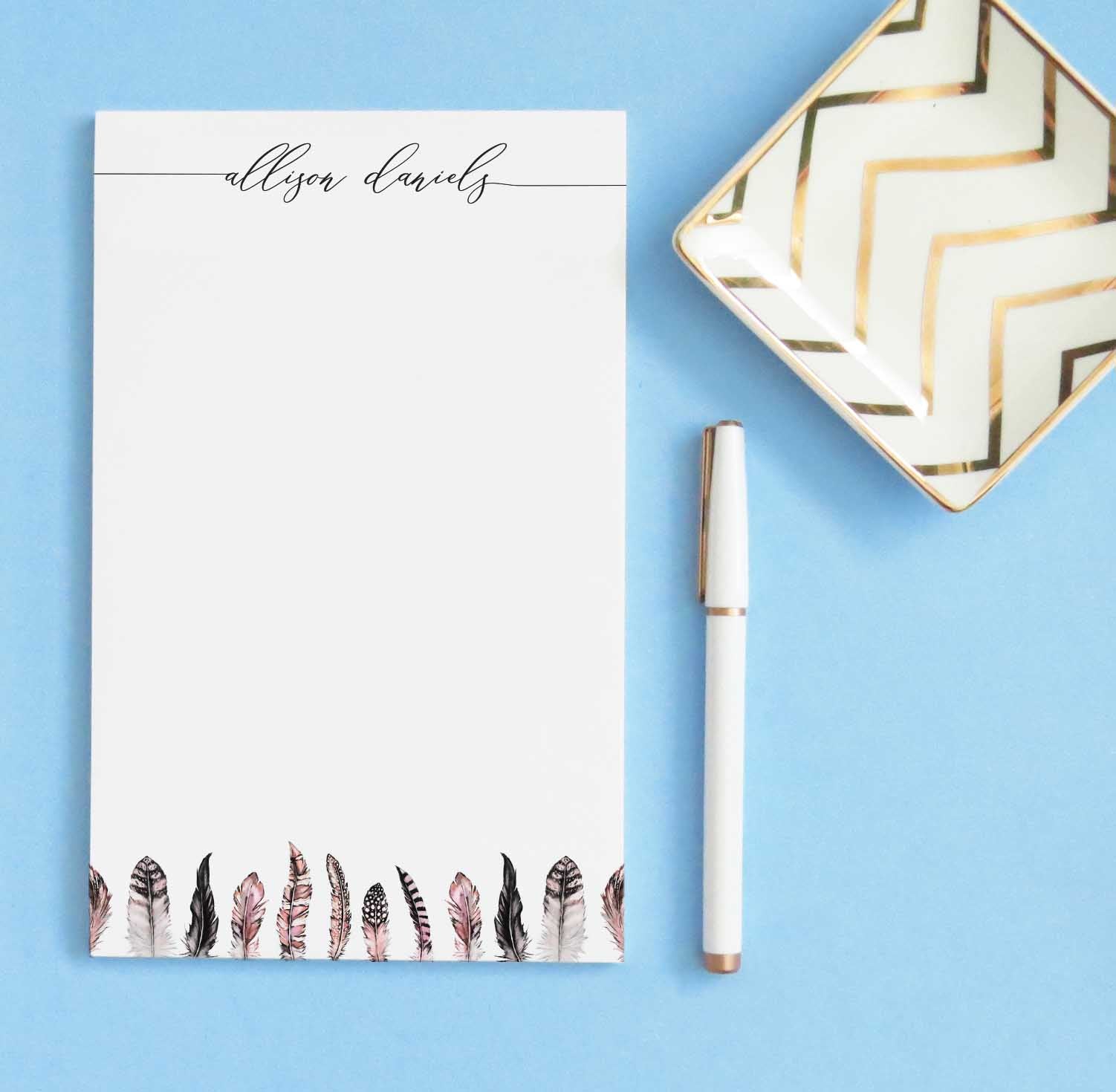 NP182 pink feathers note pads personalized set feather elegant paper