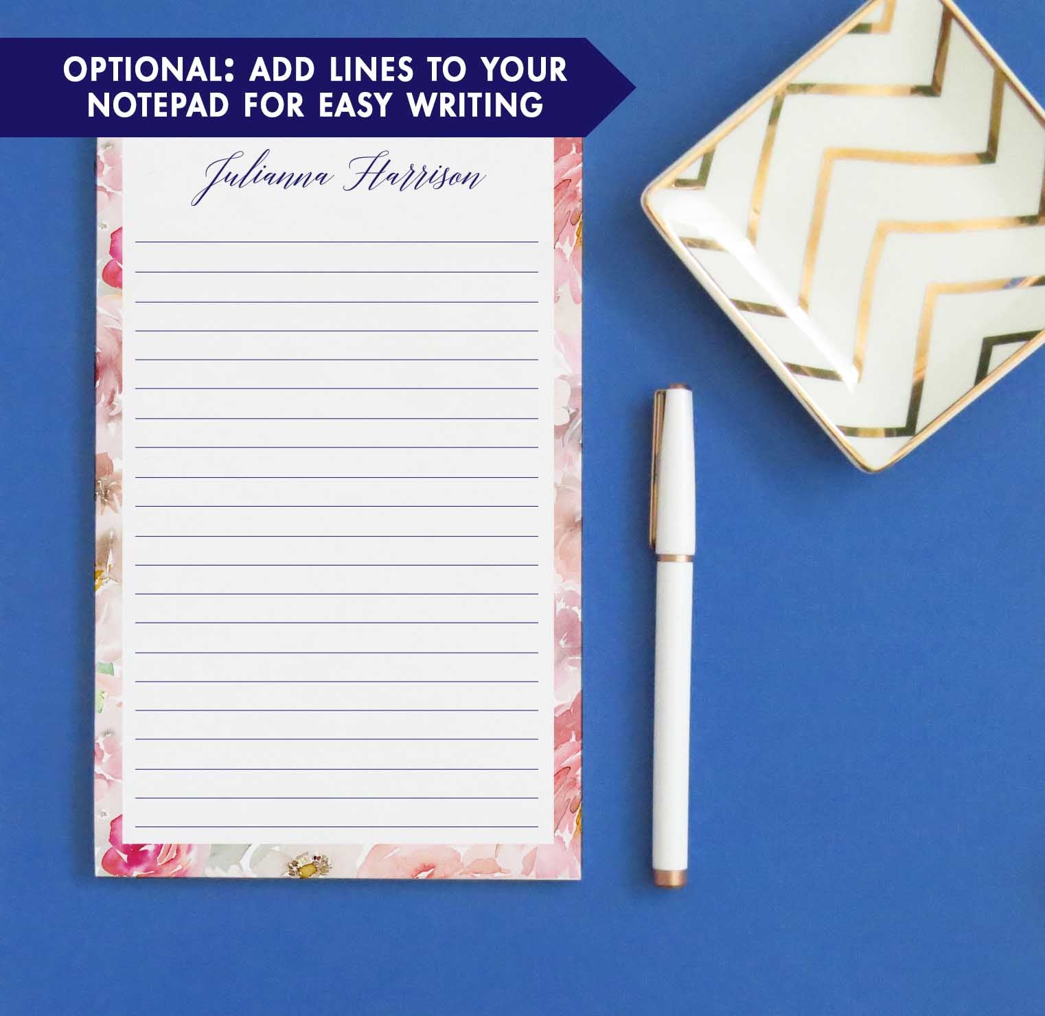 NP184 pink watercolor floral border note pad personalized set florals elegant stationery.