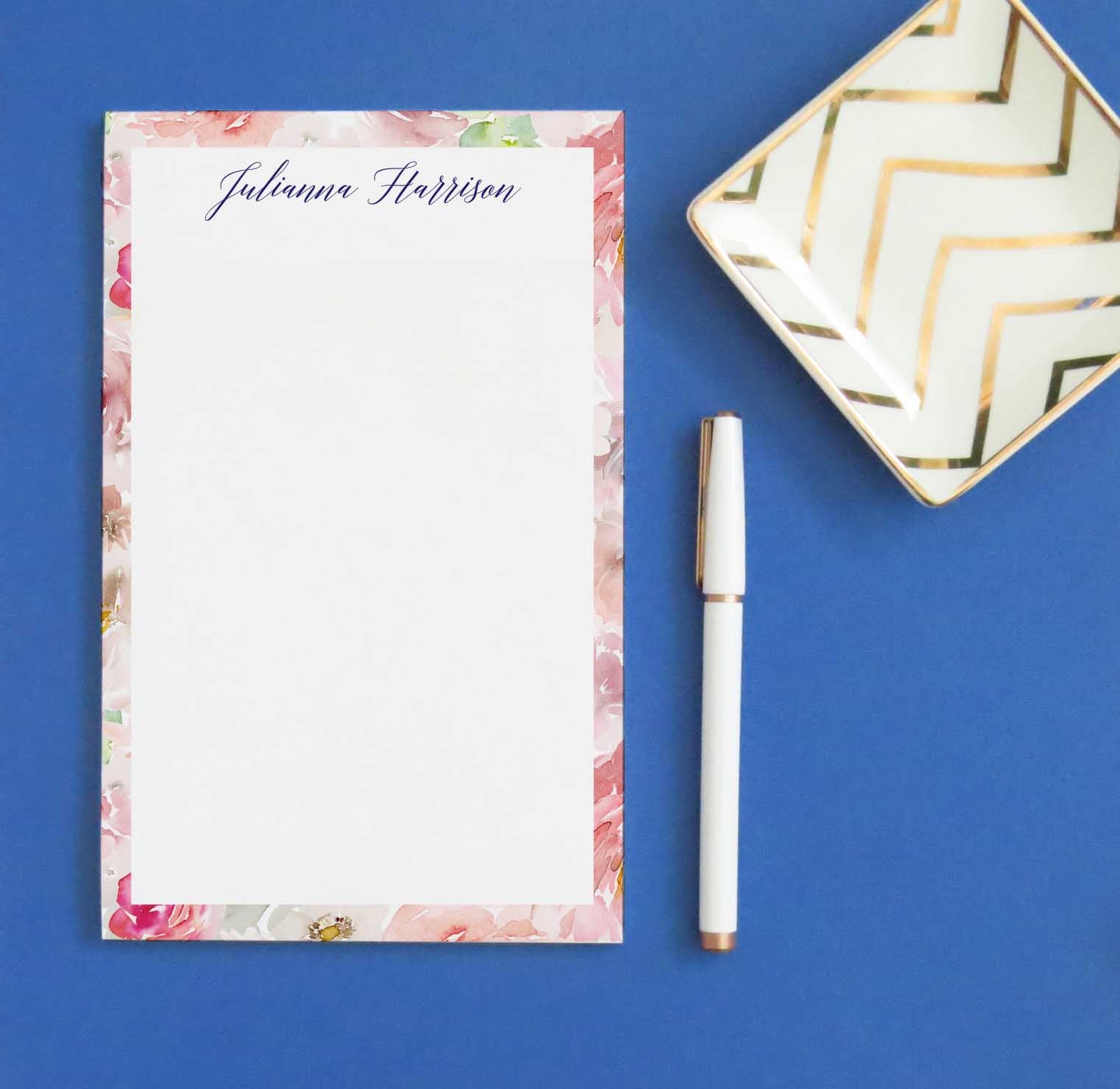 NP184 pink watercolor floral border note pad personalized set florals elegant stationery.
