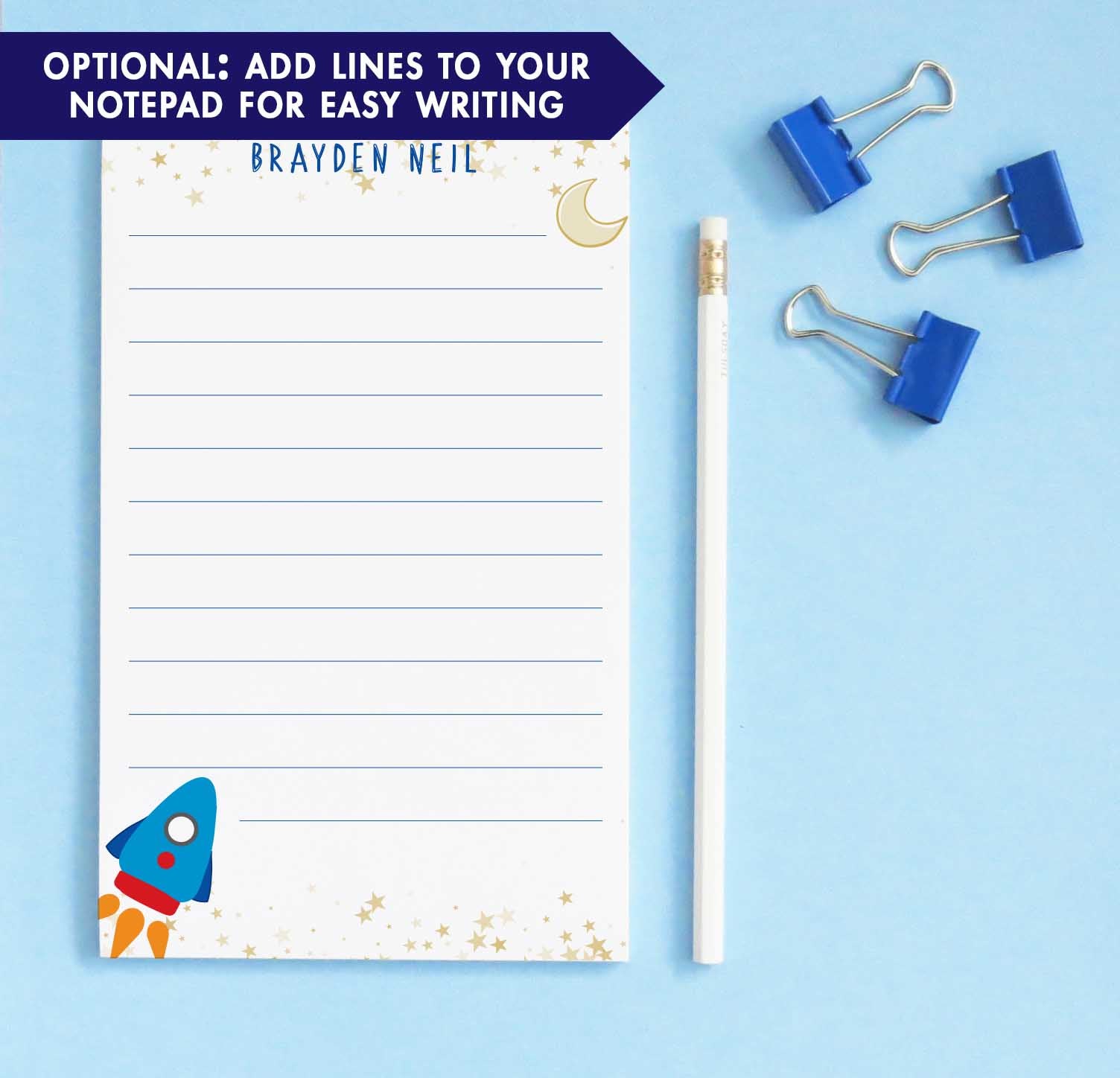 NP194 rocketship personalized note pads for kids stars gold stationery