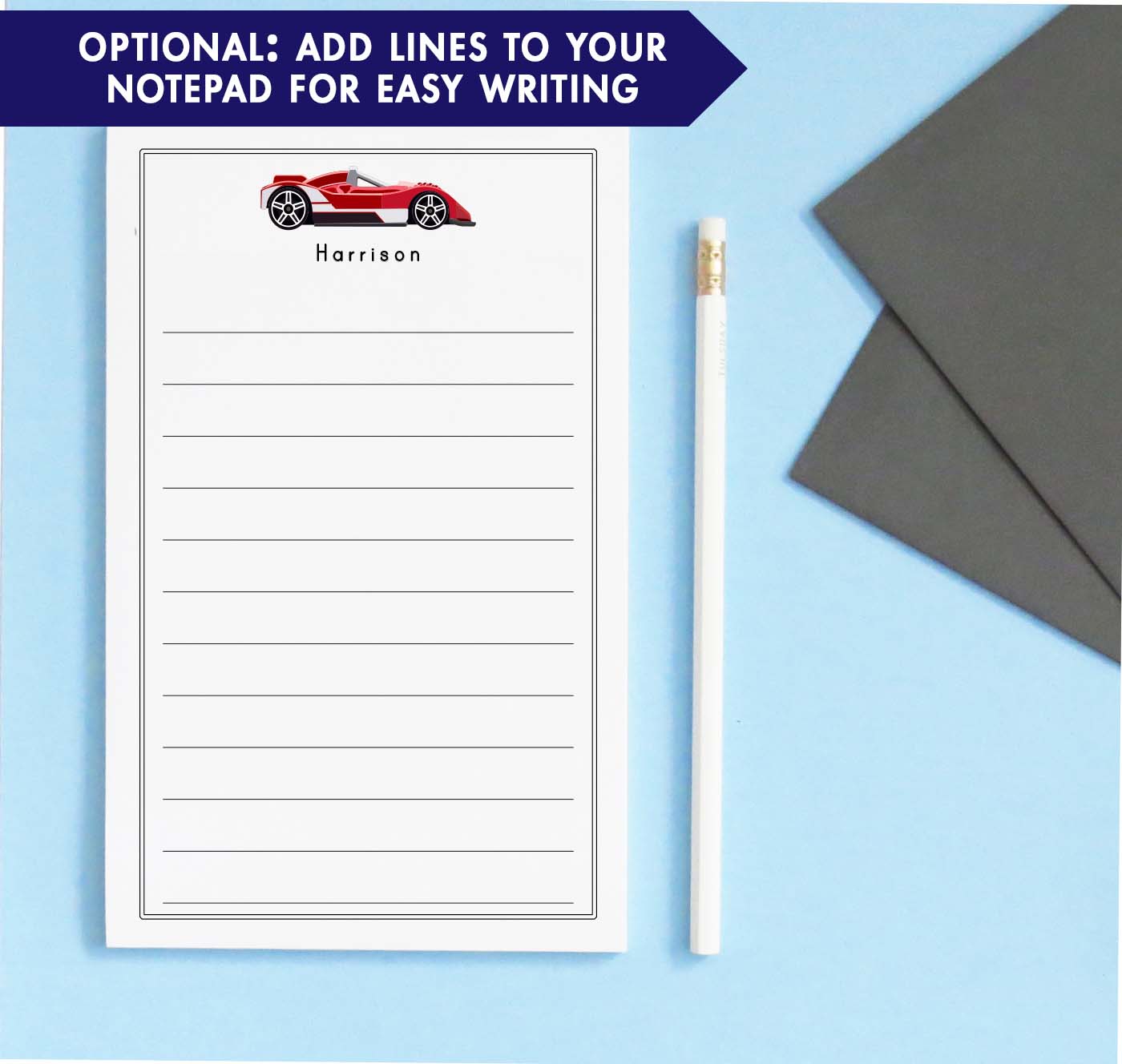 NP210 personalized red race car notepad with classic border vehicle sports car