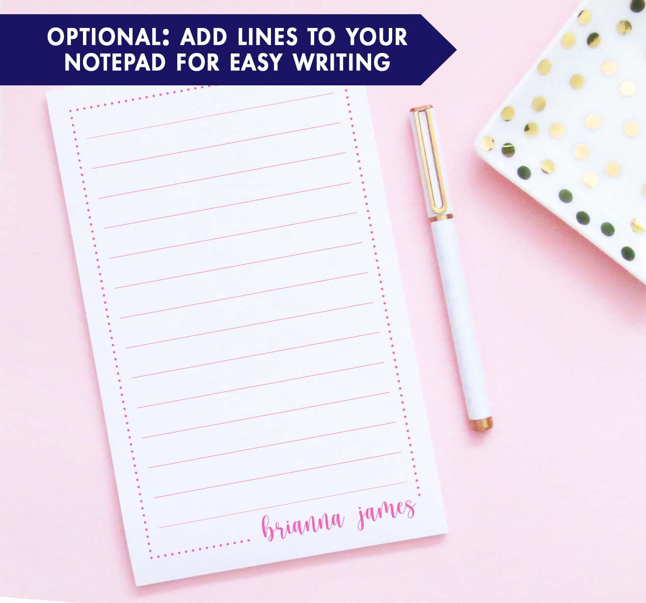 NP213 personalized polka dot border notepads with bottom corner name kids script font