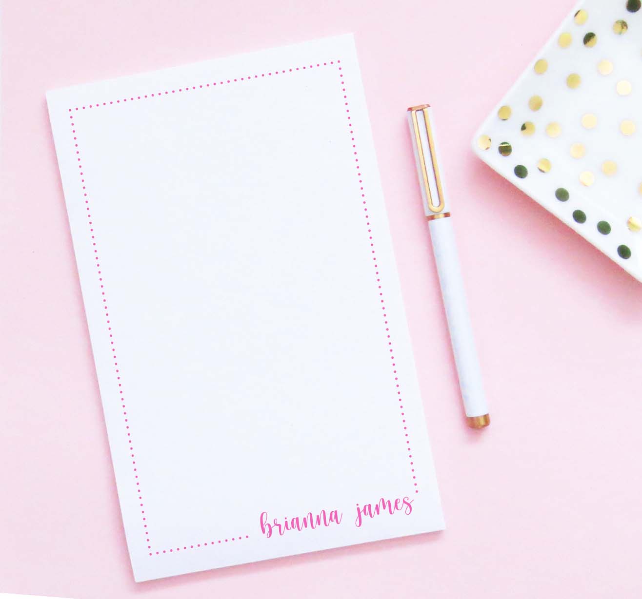 NP213 personalized polka dot border notepads with bottom corner name kids script font