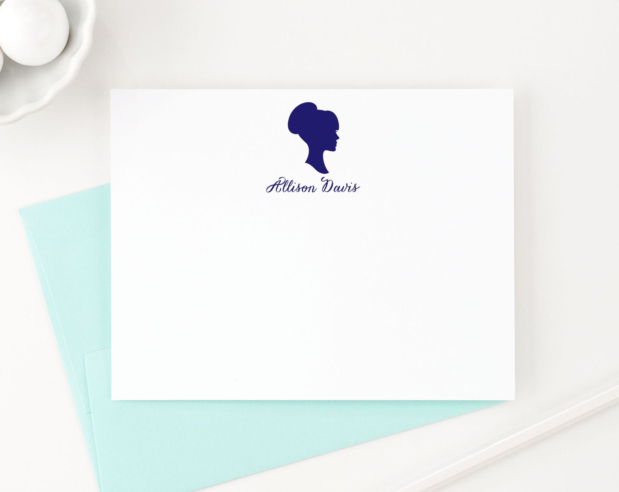 PS010 profile silouette personalized notecards women girls script font flat stationary