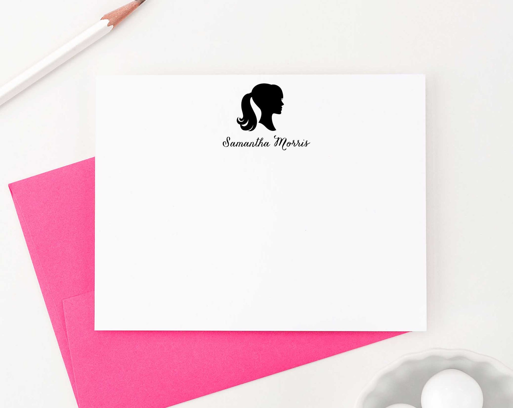 PS010 profile silouette personalized notecards women girls script font flat stationary