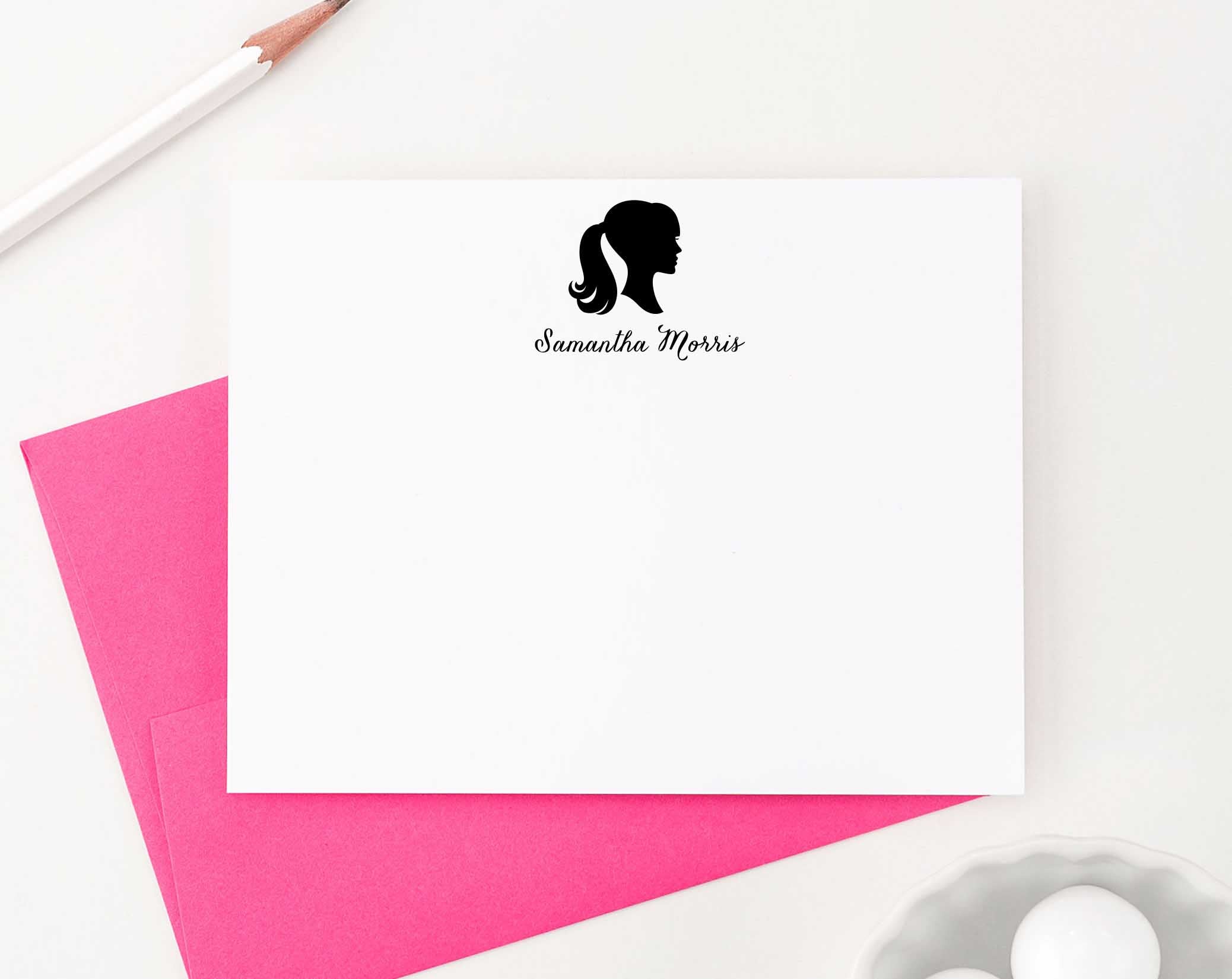 Profile Silhouette Personalized Notecards - Modern Pink Paper