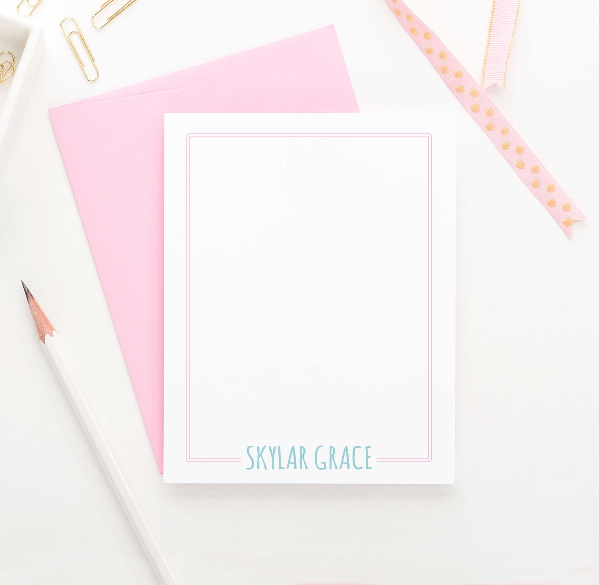 PS011 Name and Border personalized flat note cards for kids women stationery
