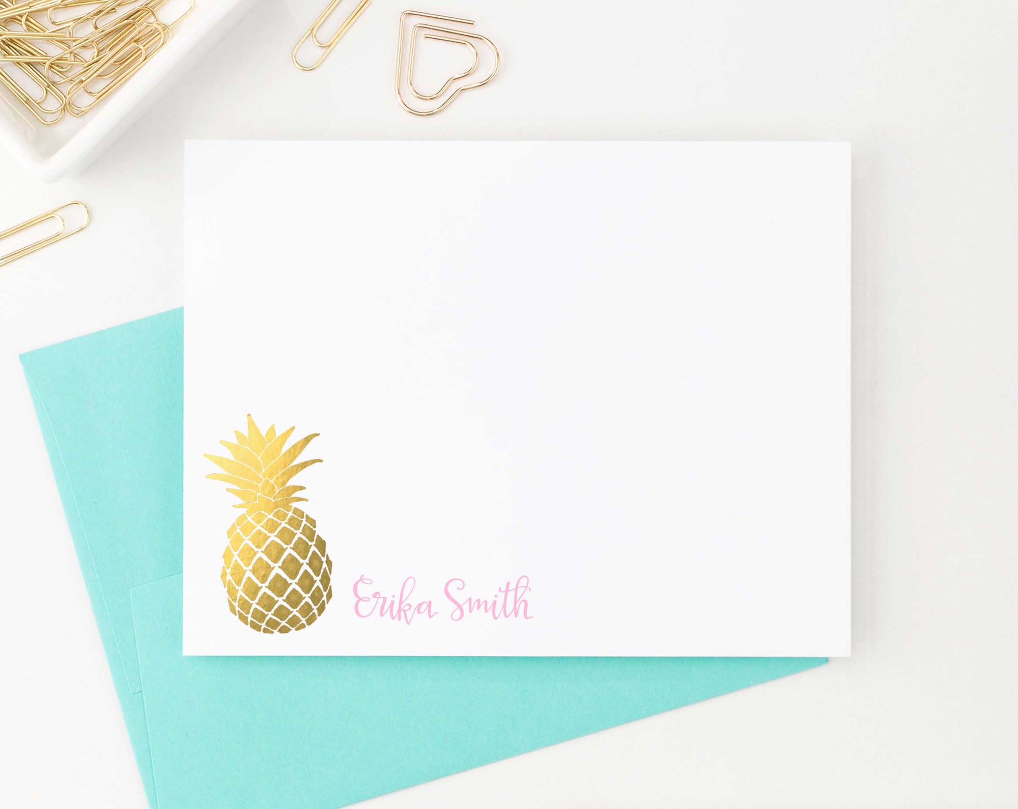 PS017 pineapple customized stationery note cards with script font fruit gold