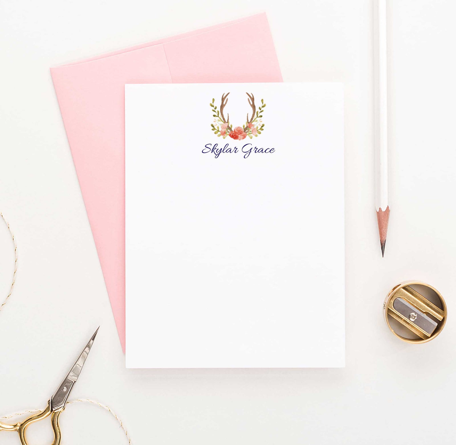 PS050 floral antlers personalized flat note cards set deer antler