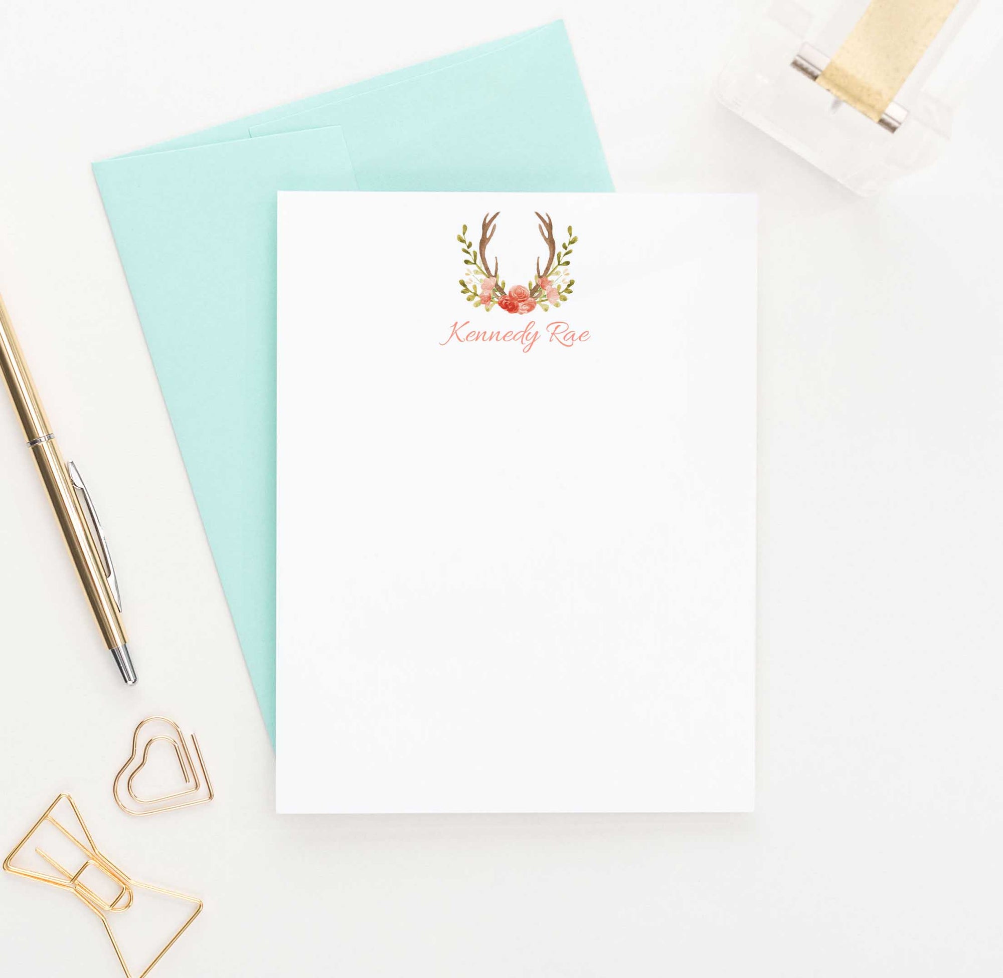 PS050 floral antlers personalized flat note cards set deer antler