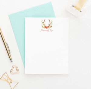 PS050 floral antlers personalized flat note cards set deer antler