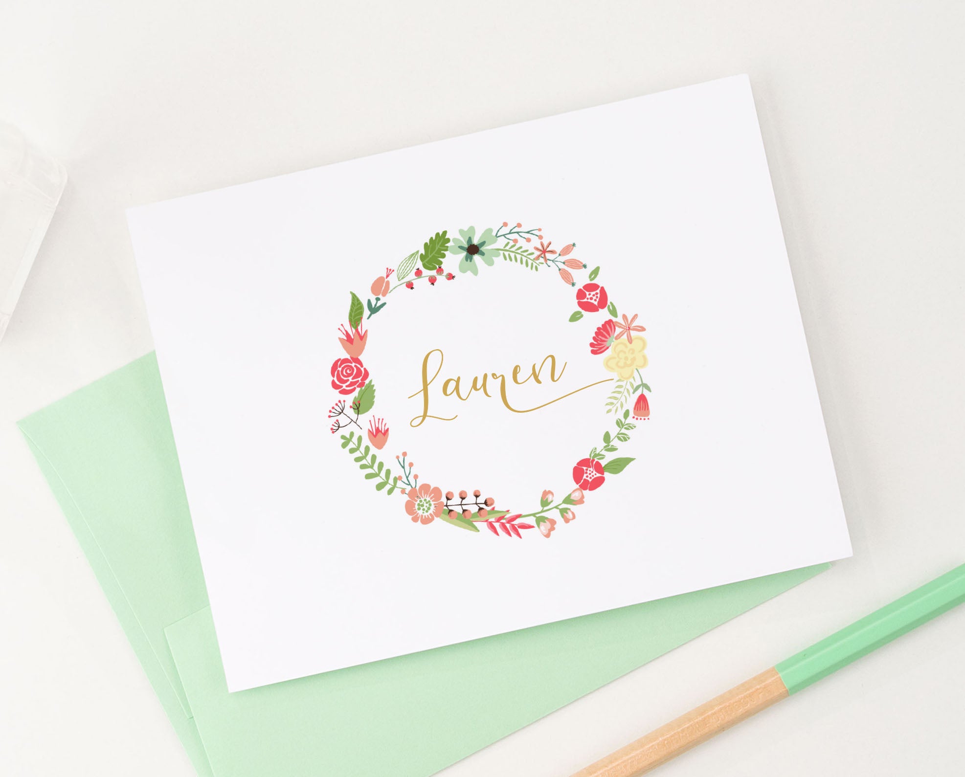 PS053 folded floral wreath personalized stationery note cards women girls florals 1