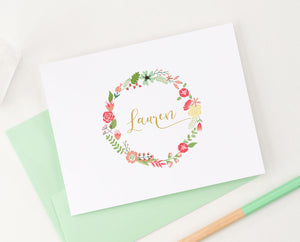 PS053 folded floral wreath personalized stationery note cards women girls florals