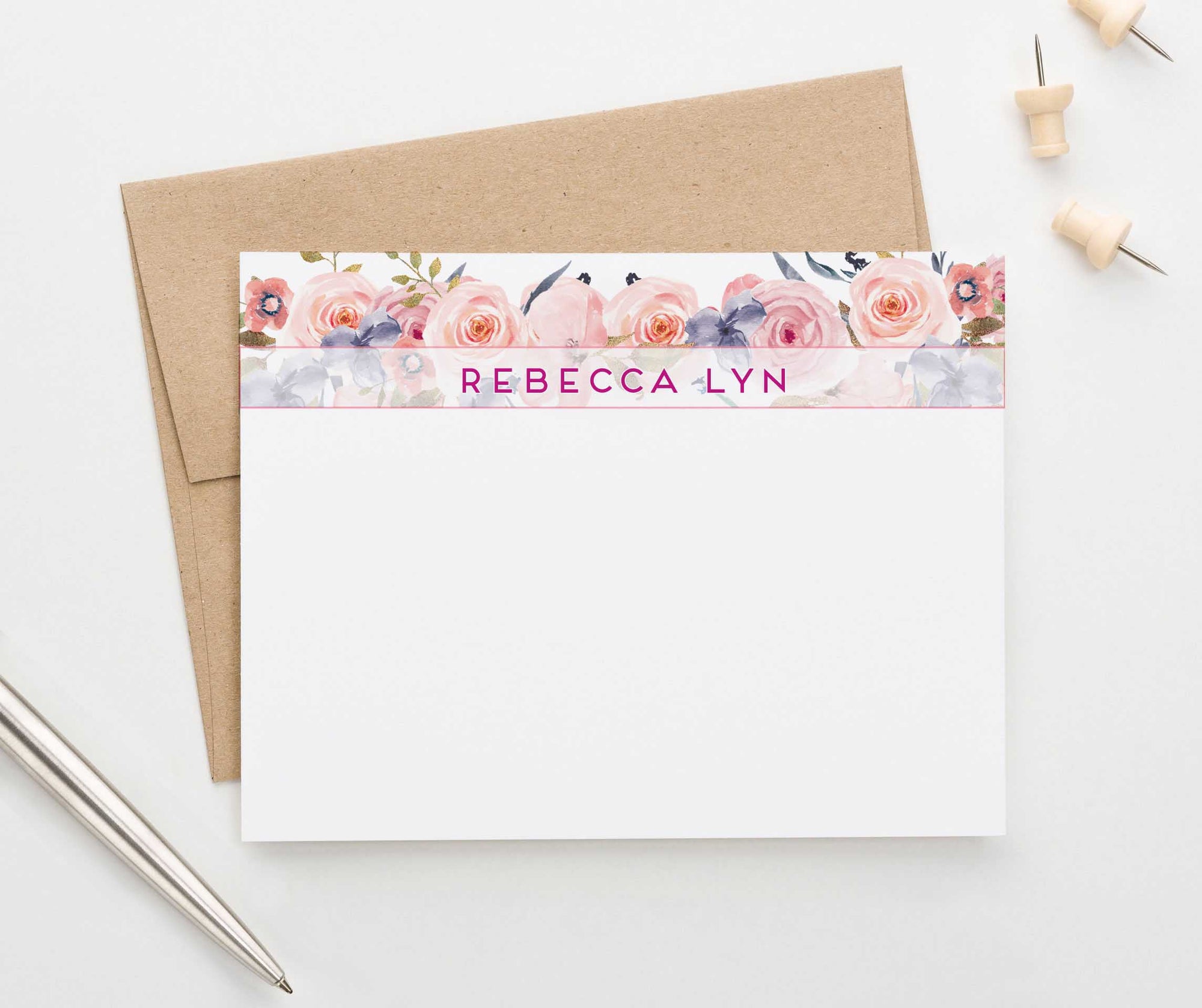PS080 floral banner personalized stationery for women elegant florals