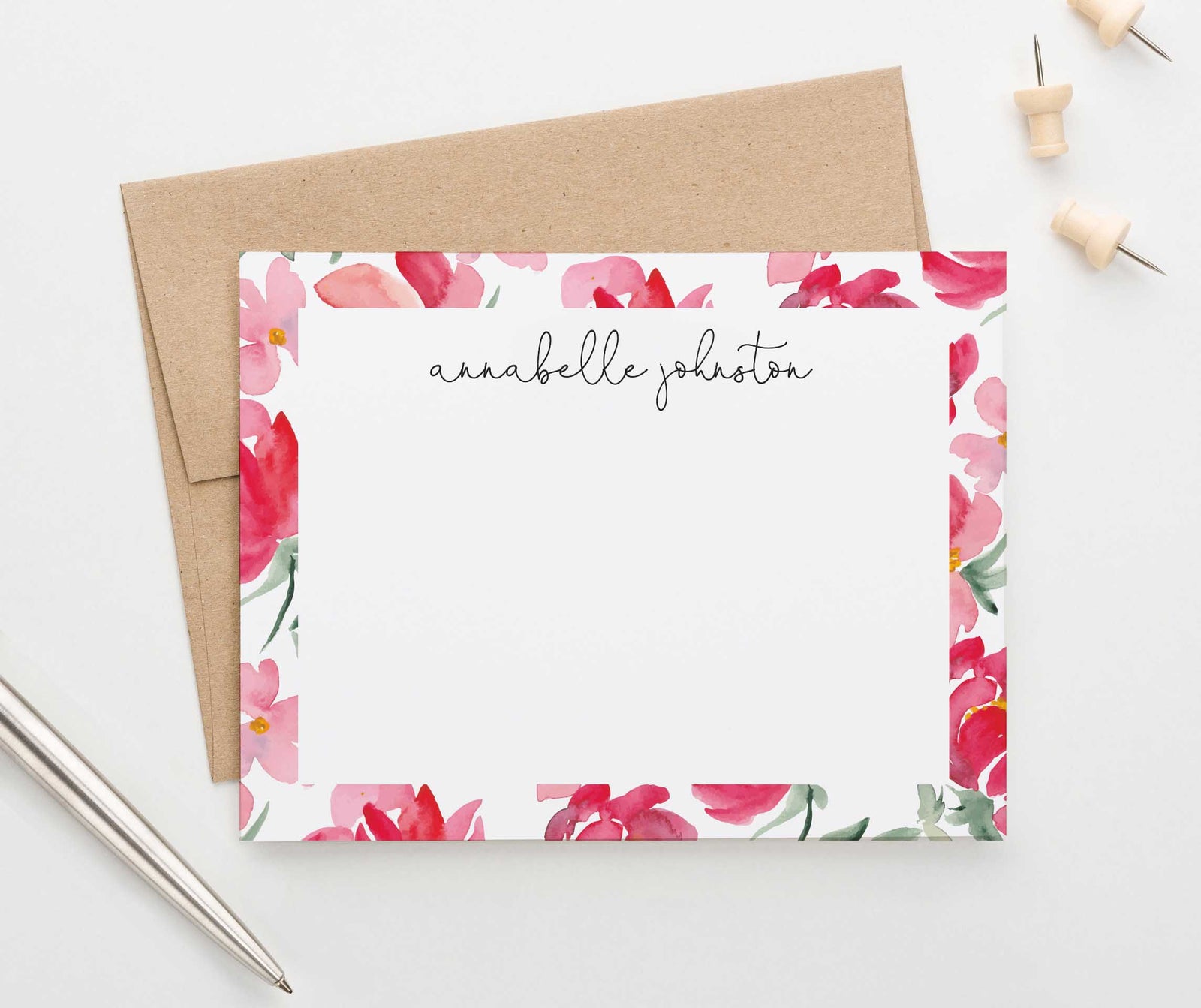 PS082 red floral border stationery personalized notecards women florals flowers elegant 1
