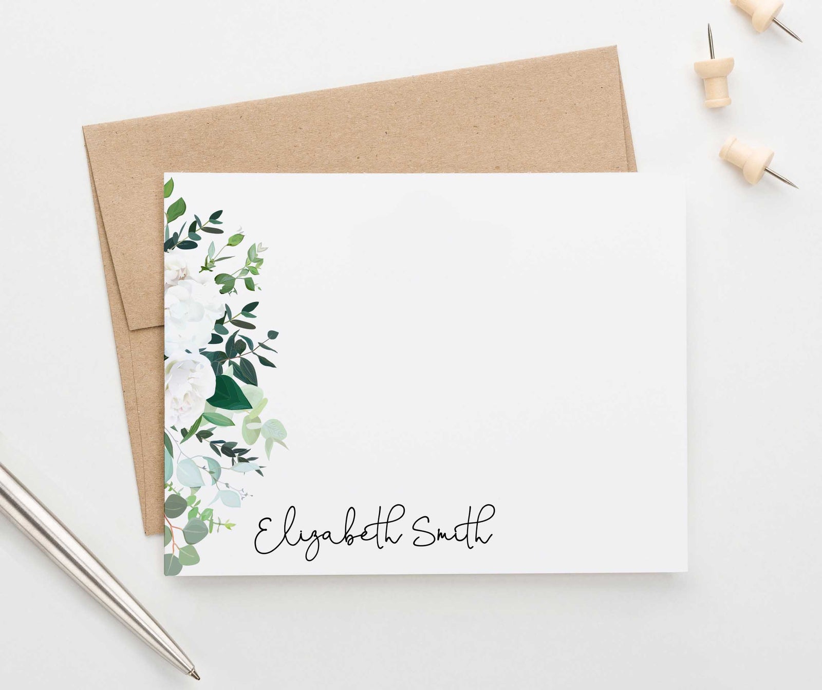 PS091 white floral personalized stationary notecards florals flowers elegant