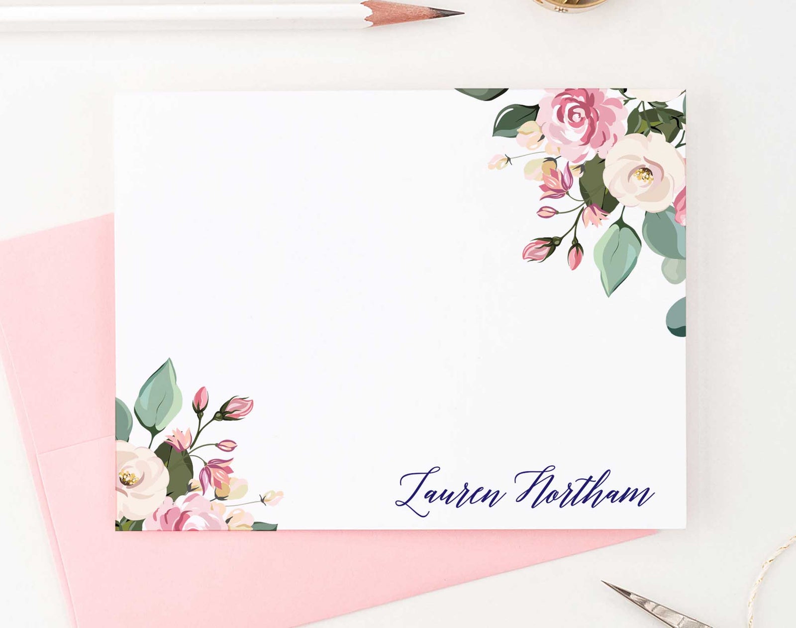 PS095 pink floral personalized stationery for women adult florals flowers