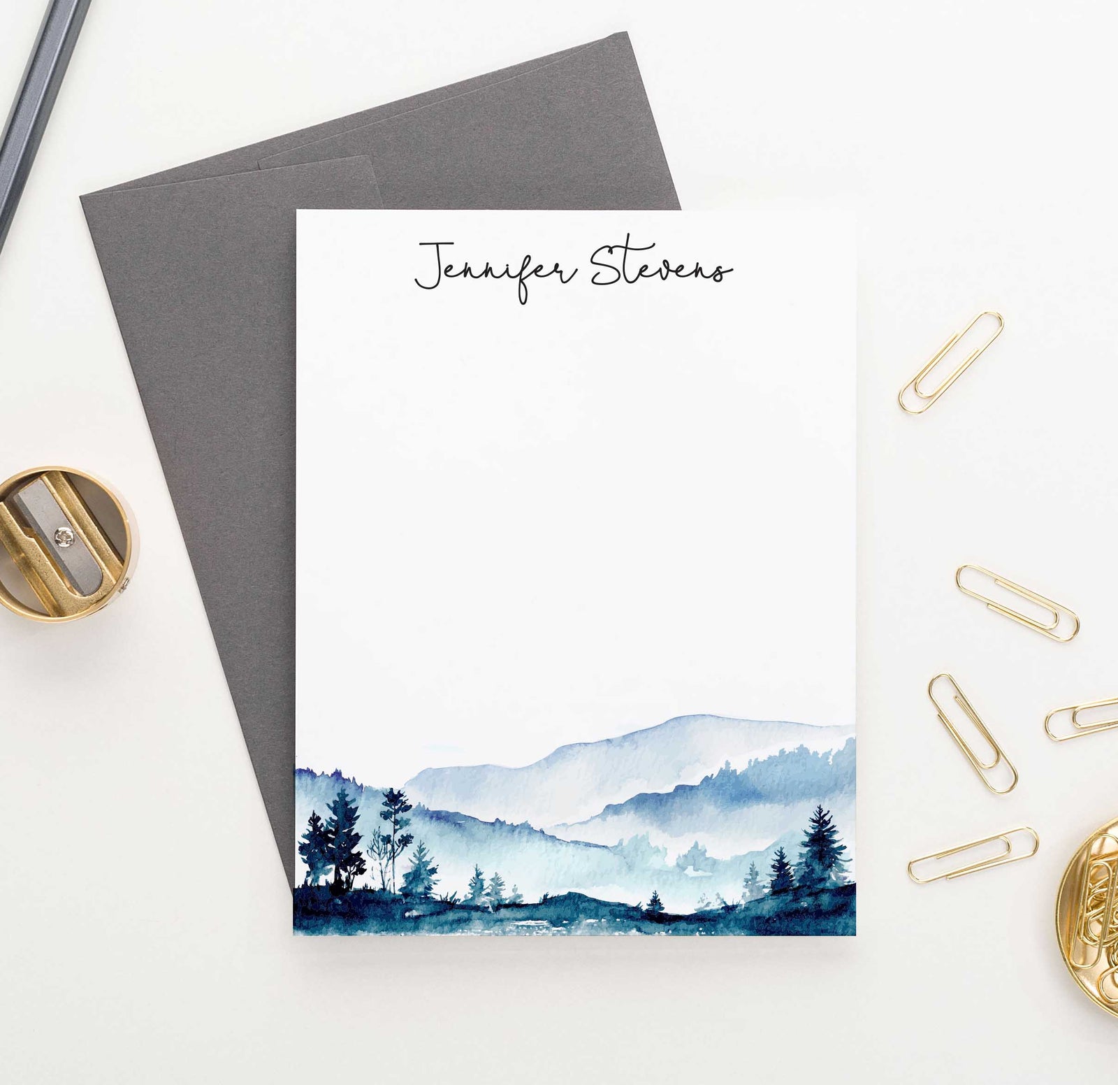 PS096 watercolor mountains personalized stationary for adults water color mountain landscape