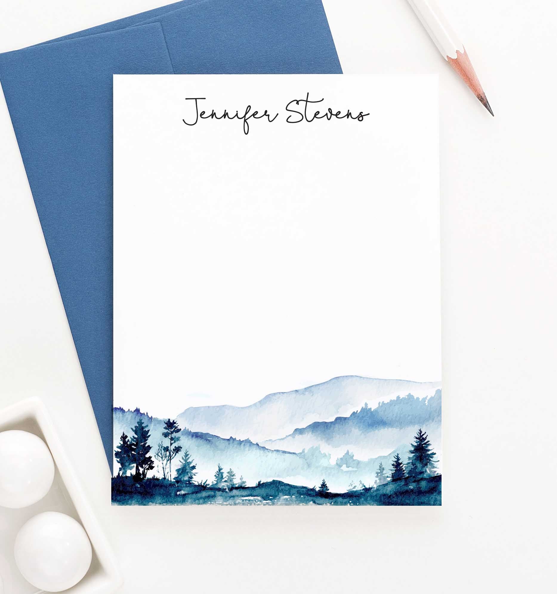 PS096 watercolor mountains personalized stationary for adults water color mountain landscape