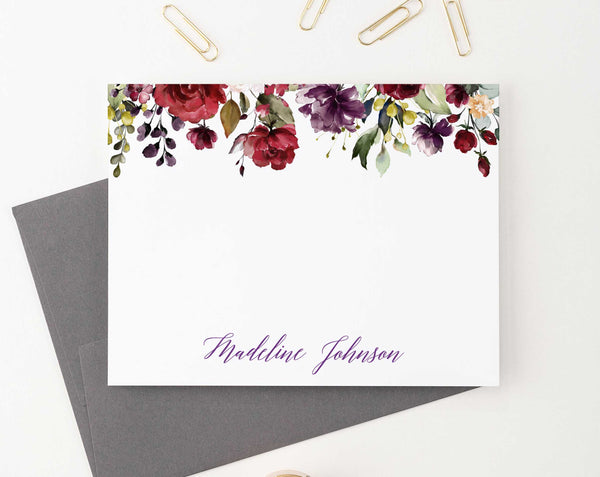 Burgundy Floral Personalized Stationery Set - Modern Pink Paper
