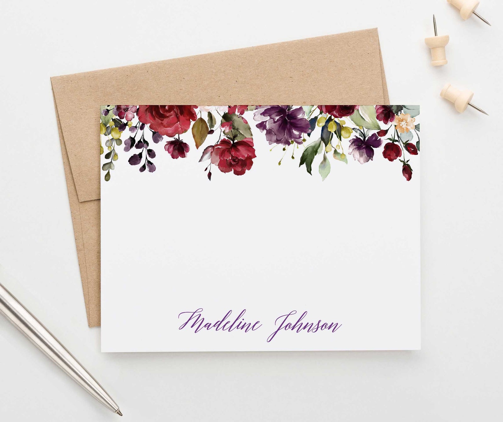 PS099 burgundy floral personalized stationery set florals fall elegant 4